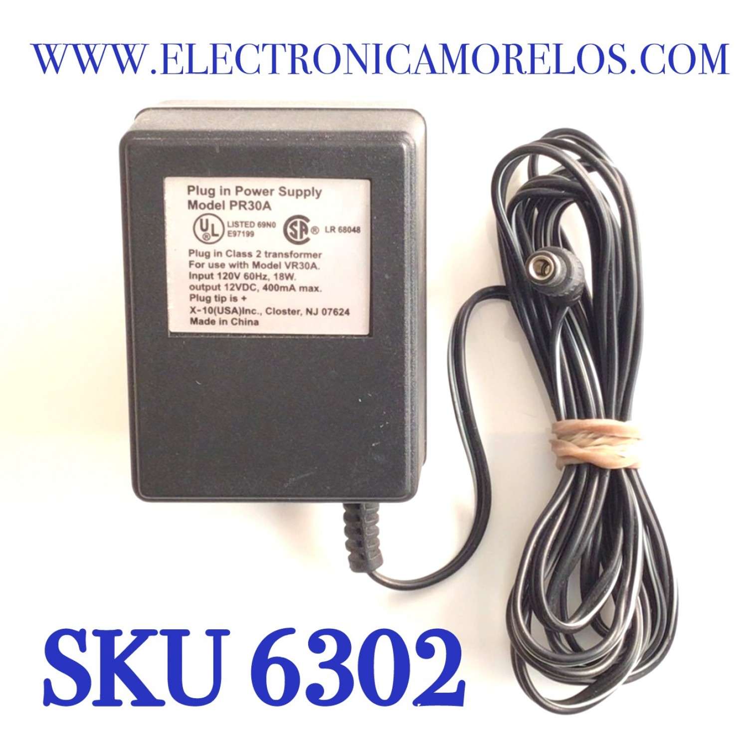 CARGADOR / ADAPTADOR DE FUENTE DE ALIMENTACION PLUG IN POWER SUPPLY / NUMERO DE PARTE PR30A / E97199 / ENTRADA VCA 120V 60HZ 18W / SALIDA VCD 12V 400MA MAX / MODELO VR30A